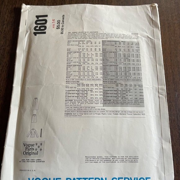 Vintage VOGUE Paris Sewing Pattern Suit 1601 Skirt Top Guy Laroche Size 14 - Picture 2 of 2